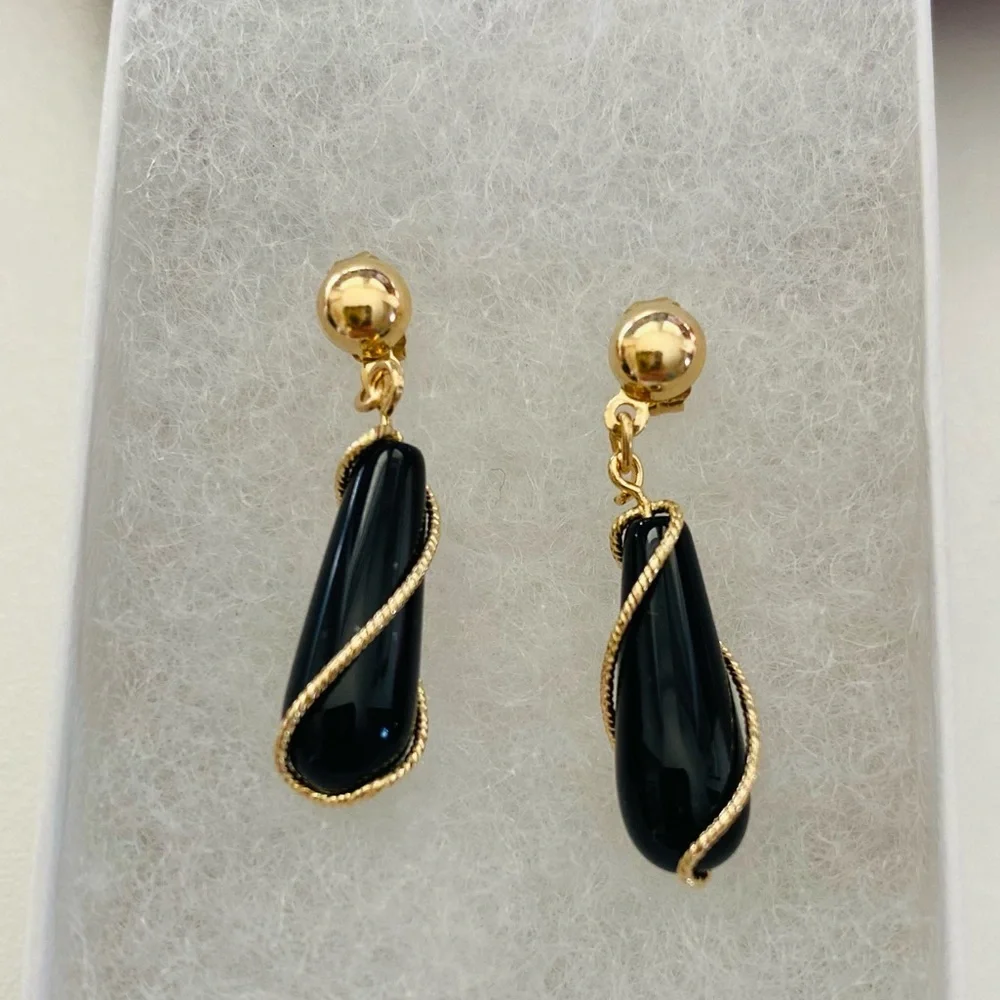 14K Yellow Gold 1” Onyx Dangle Gold Wire Twist Drop Earrings Vintage Unique - Picture 6 of 8